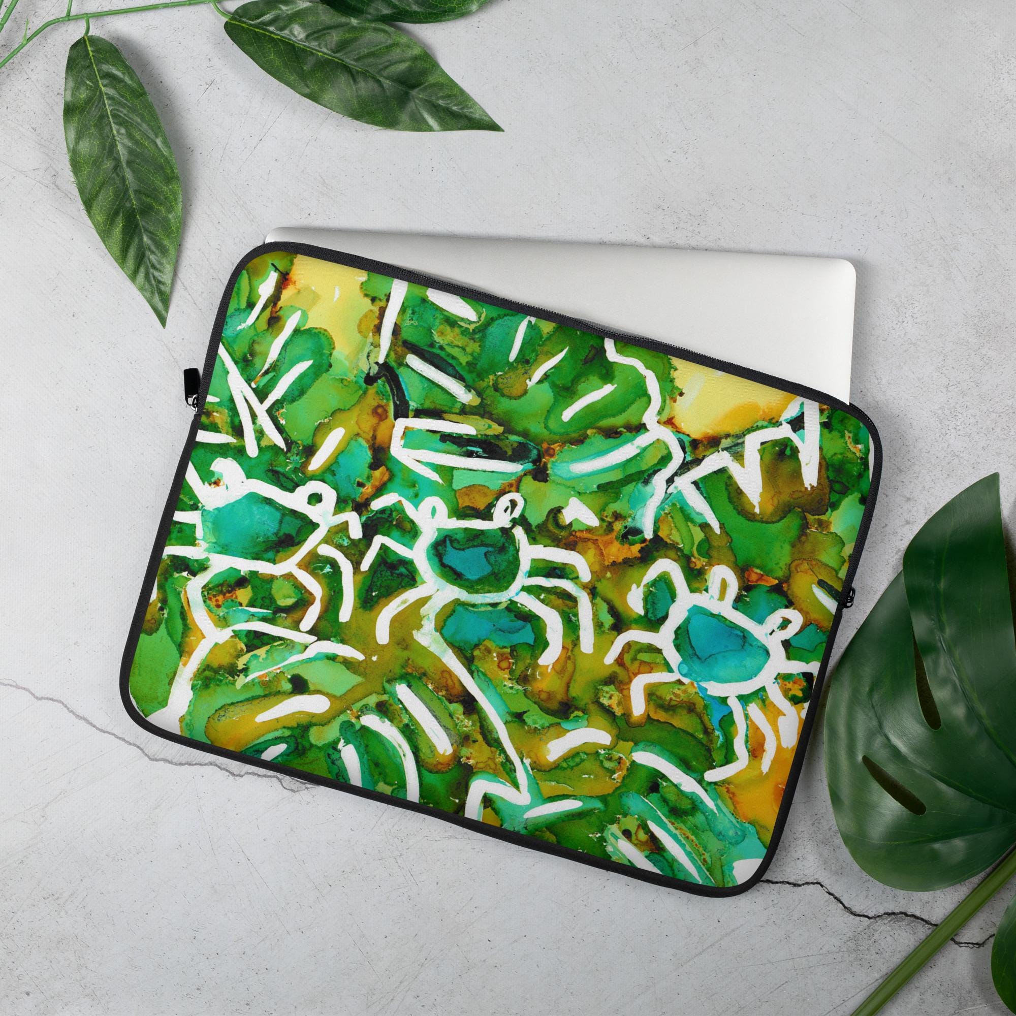 Blue Crabs and Palm Leaves Laptop Sleeve – Coastal Neoprene Case, Faux Fur Lining, Water-Resistant, 13" & 15" Sizes, Beach Lover Gift