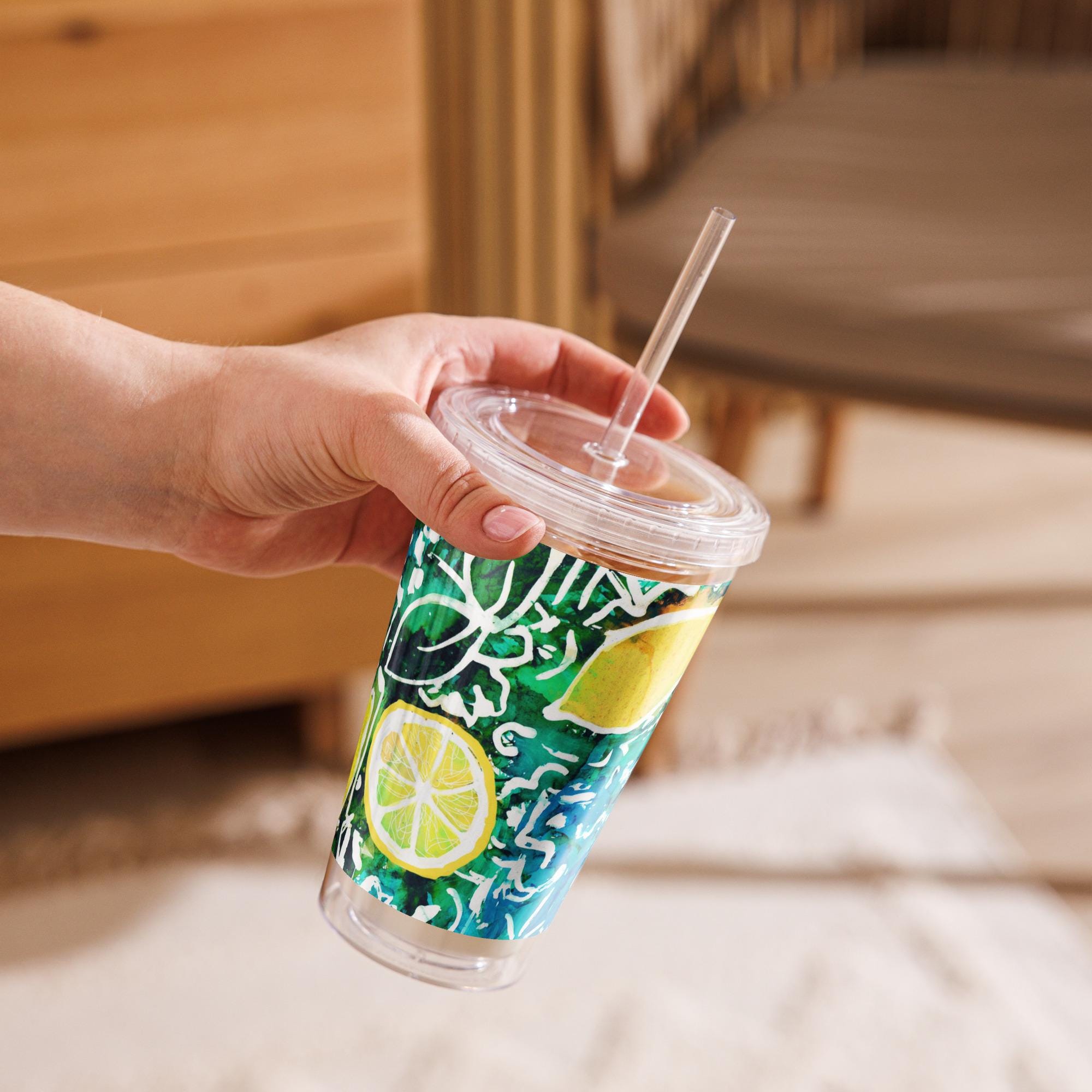 Italian Lemon Tumbler with Lid & Straw – 16 oz Citrus Cup – Mediterranean Fruit Print Drinkware, Summer Gift, Reusable Cold Cup