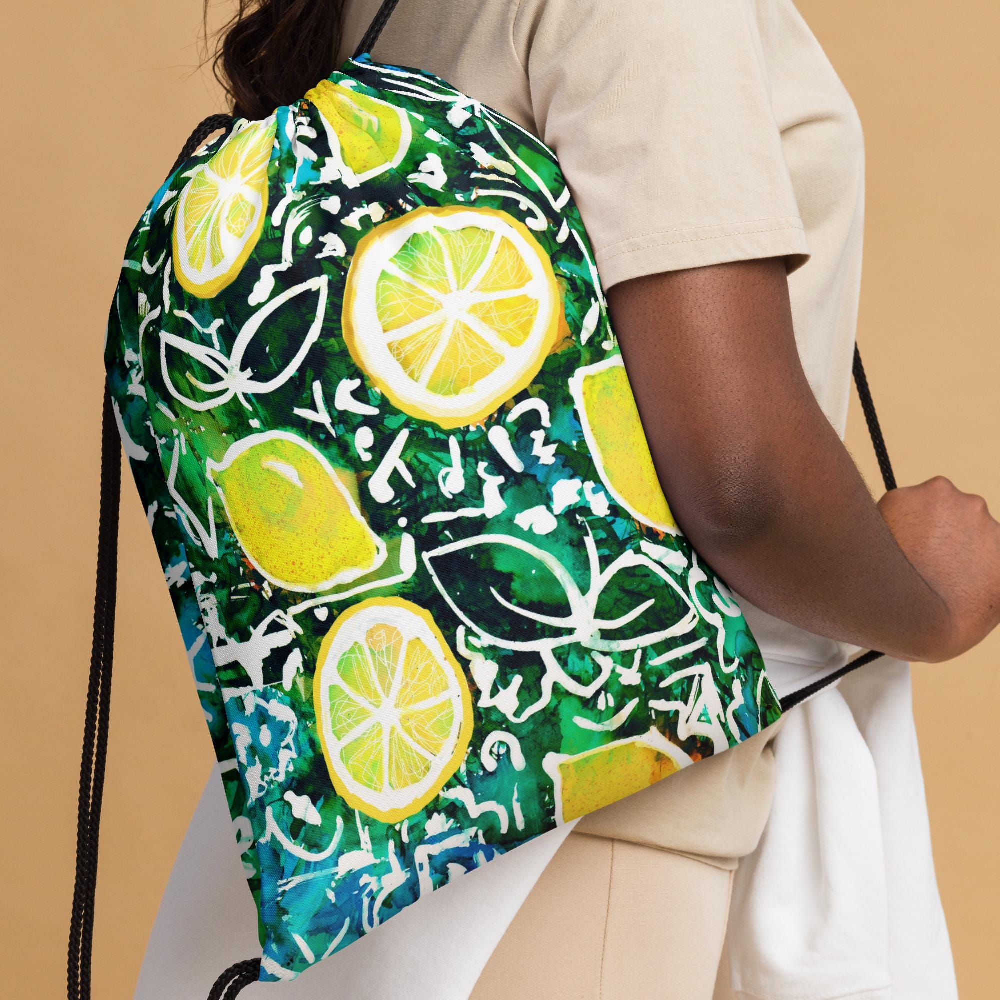 Italian Lemon Drawstring Bag – Vibrant Citrus Print Gym Sack – Mediterranean Travel Tote, Lightweight Festival Bag, Summer Gift for Her