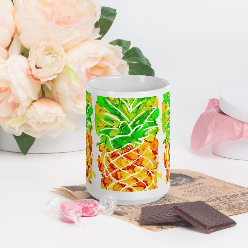 Cute Pineapple Ink Art Mug – White Glossy Ceramic Coffee Cup, Vibrant Fruit Design, Unique Gift for Beach Lovers & Summer Vibes 15 oz