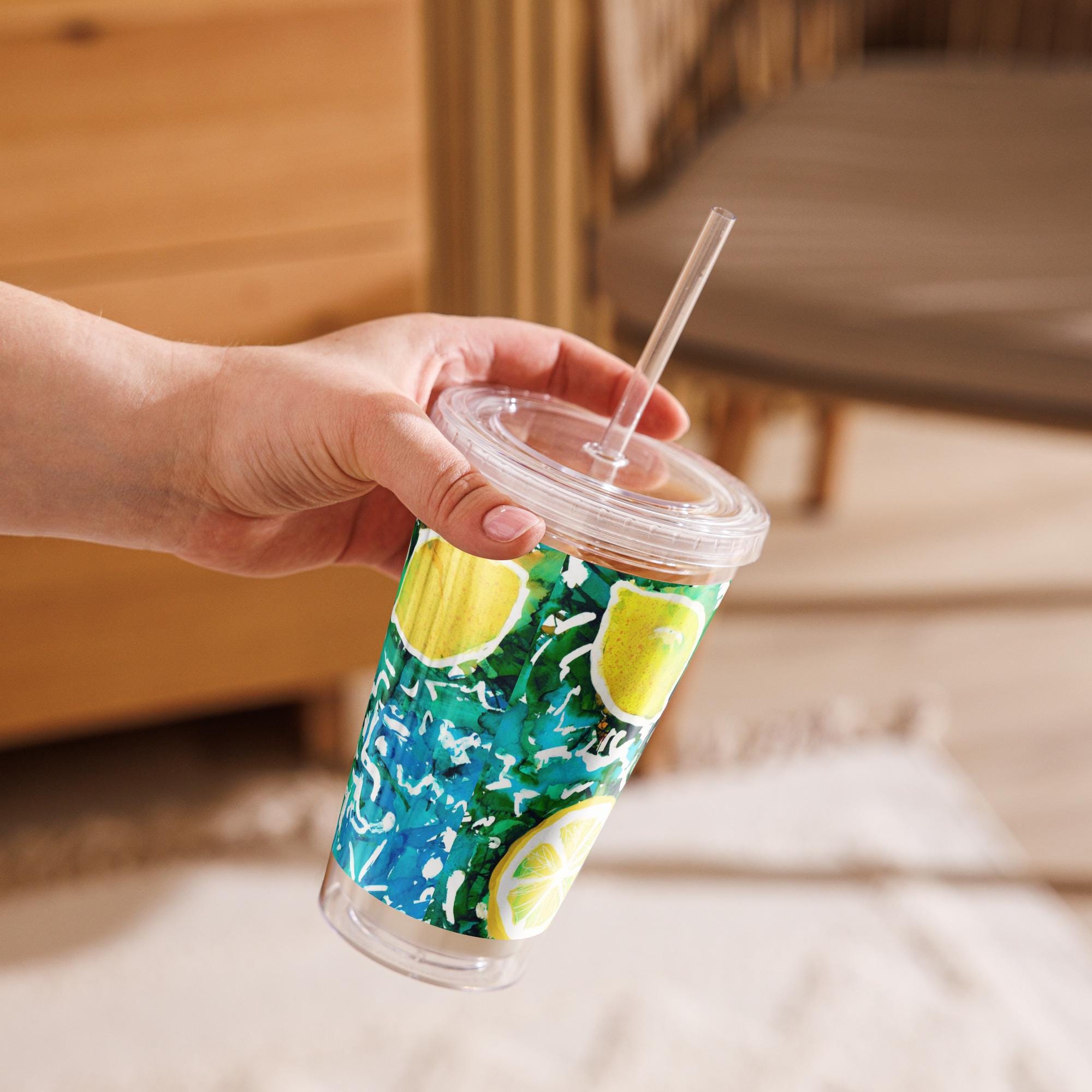 Italian Lemon Tumbler with Lid & Straw – 16 oz Citrus Cup – Mediterranean Fruit Print Drinkware, Summer Gift, Reusable Cold Cup