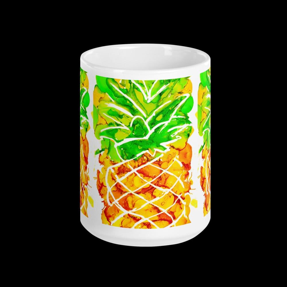 Cute Pineapple Ink Art Mug – White Glossy Ceramic Coffee Cup, Vibrant Fruit Design, Unique Gift for Beach Lovers & Summer Vibes 15 oz
