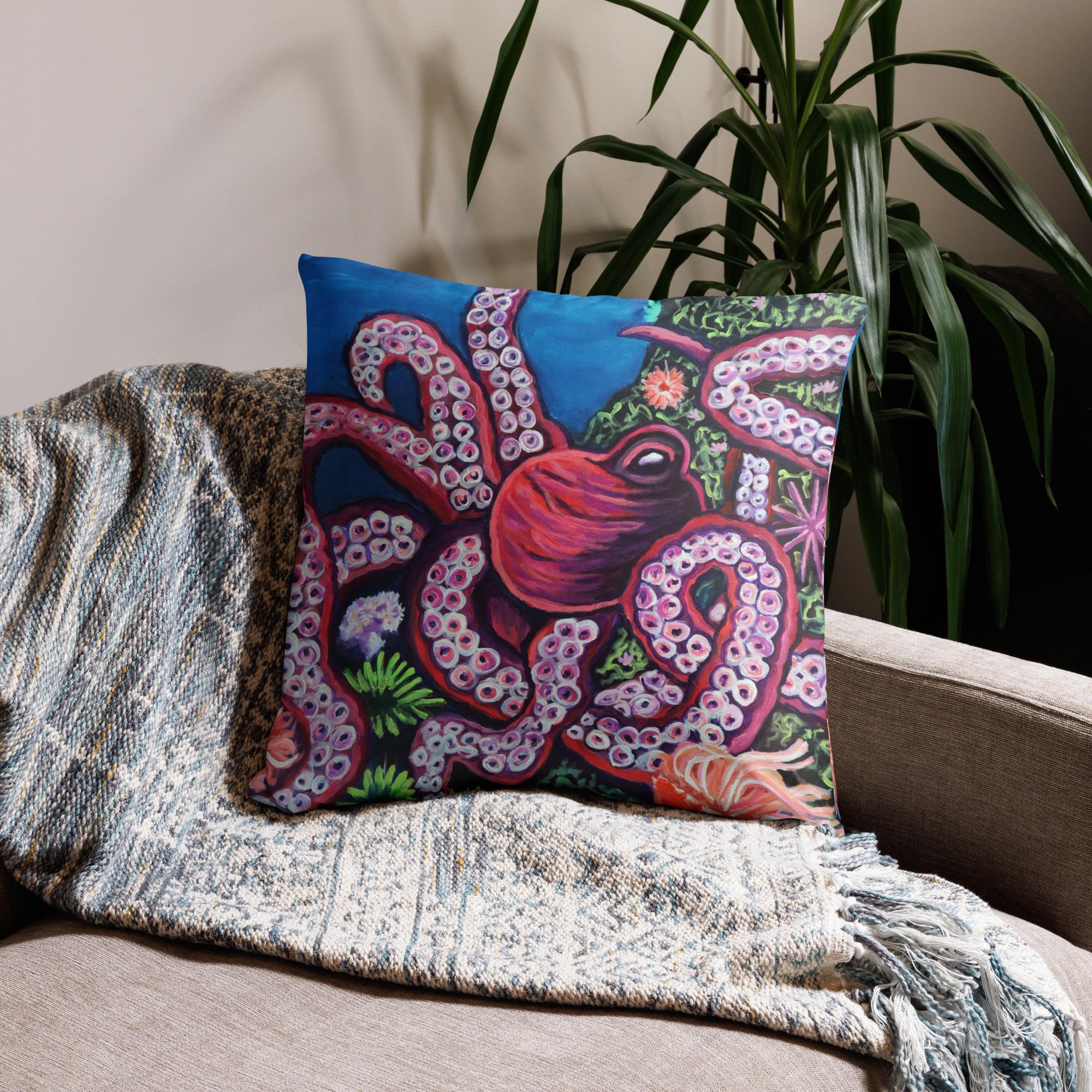 Octopus Basic Pillow. Beach house decor, coastal pillows. Pink Octopus, abstract design. Octopus, sea creature, pillows.
