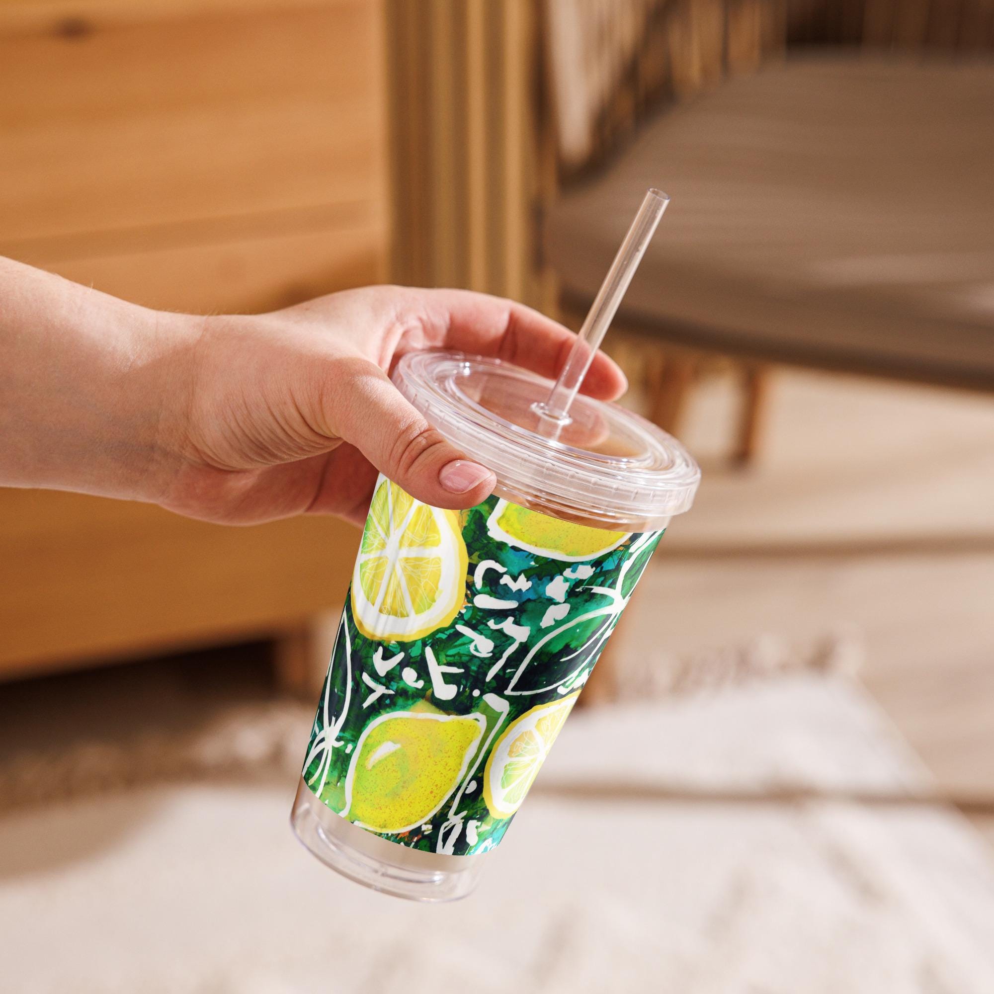 Italian Lemon Tumbler with Lid & Straw – 16 oz Citrus Cup – Mediterranean Fruit Print Drinkware, Summer Gift, Reusable Cold Cup
