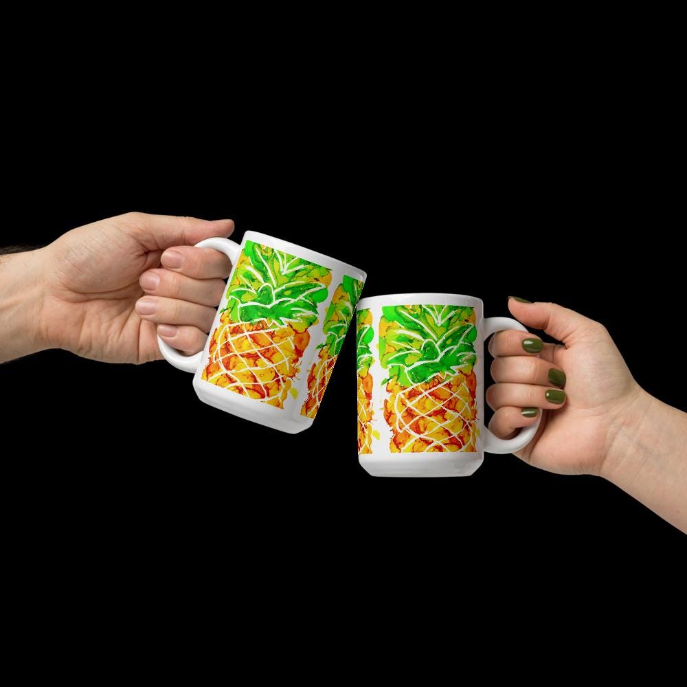 Cute Pineapple Ink Art Mug – White Glossy Ceramic Coffee Cup, Vibrant Fruit Design, Unique Gift for Beach Lovers & Summer Vibes 15 oz
