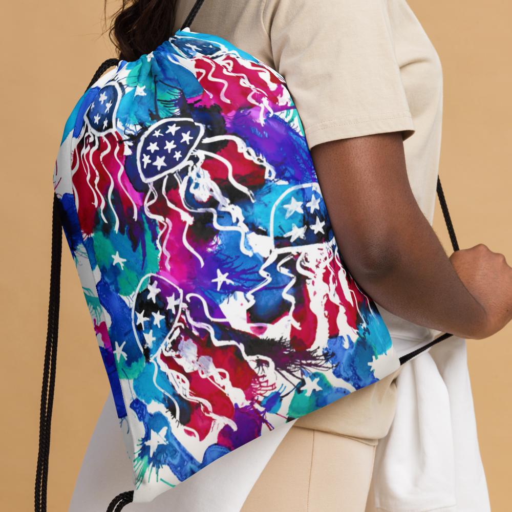 Independence Day Drawstring Bag | 4th of July Patriotic Backpack | American Flag Party Favor | Red White Blue Gym Sack | USA Holiday Gift