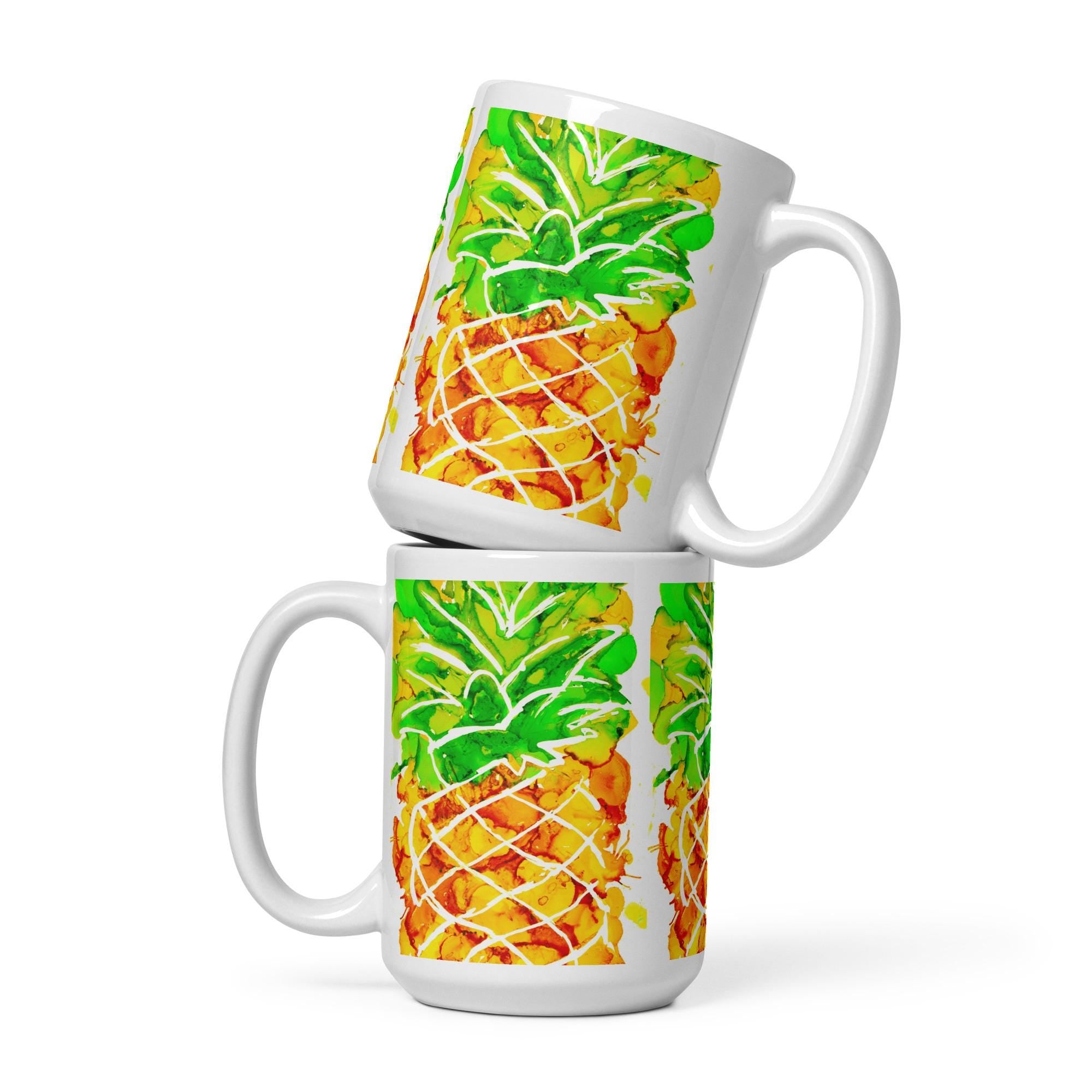 Cute Pineapple Ink Art Mug – White Glossy Ceramic Coffee Cup, Vibrant Fruit Design, Unique Gift for Beach Lovers & Summer Vibes 15 oz