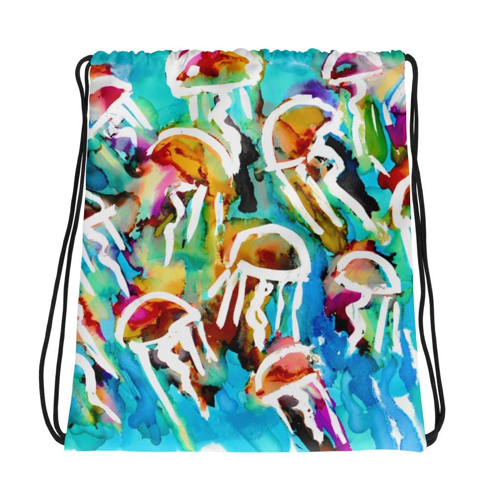 Jellyfish Drawstring Bag – Ocean Abstract Beach Backpack, Handmade Summer Bag, Sea Life Gift for Her, Lightweight Pool or Festival Tote