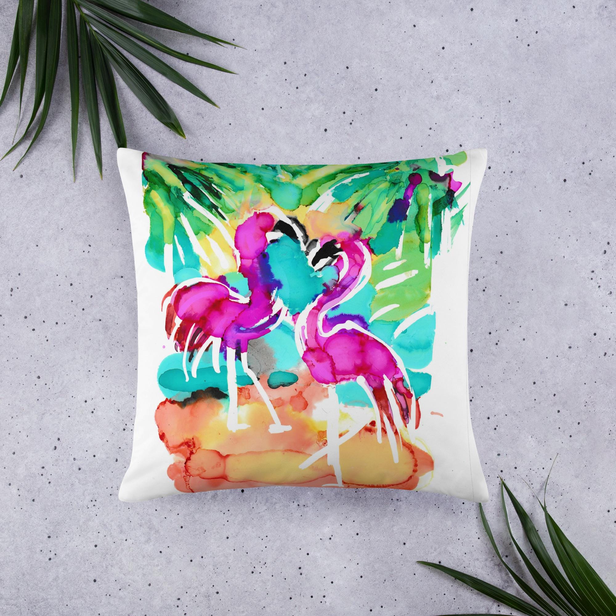 Flamingo Beach Scene Throw Pillow - Tropical Coastal Decor Cushion - Pink Flamingo Accent Pillow for Living Room or Bedroom.