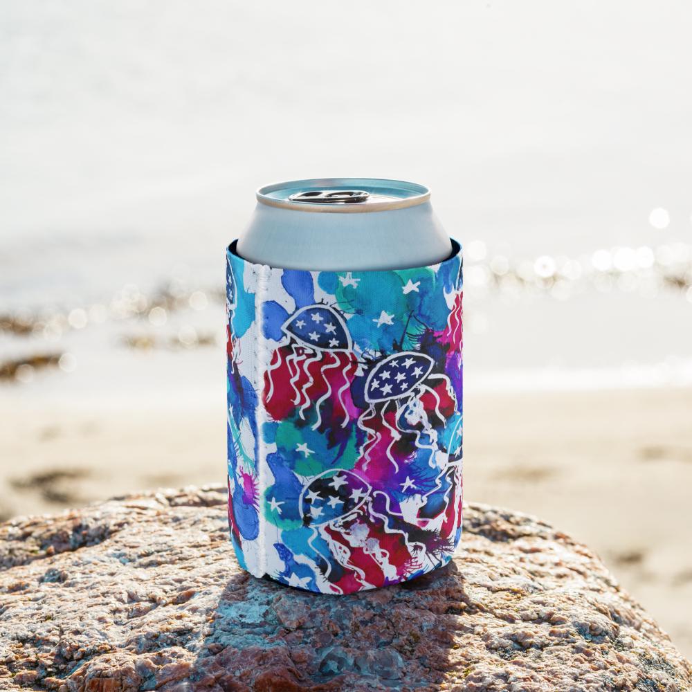 4th of July Can Cooler – Patriotic Red White and Blue Stars – Independence Day Drink Sleeve – Neoprene Koozie for BBQs, Picnics & Summer