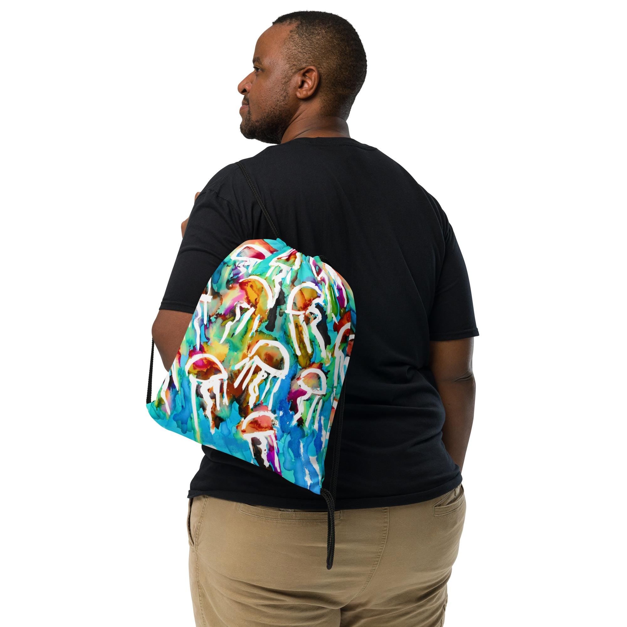 Jellyfish Drawstring Bag – Ocean Abstract Beach Backpack, Handmade Summer Bag, Sea Life Gift for Her, Lightweight Pool or Festival Tote