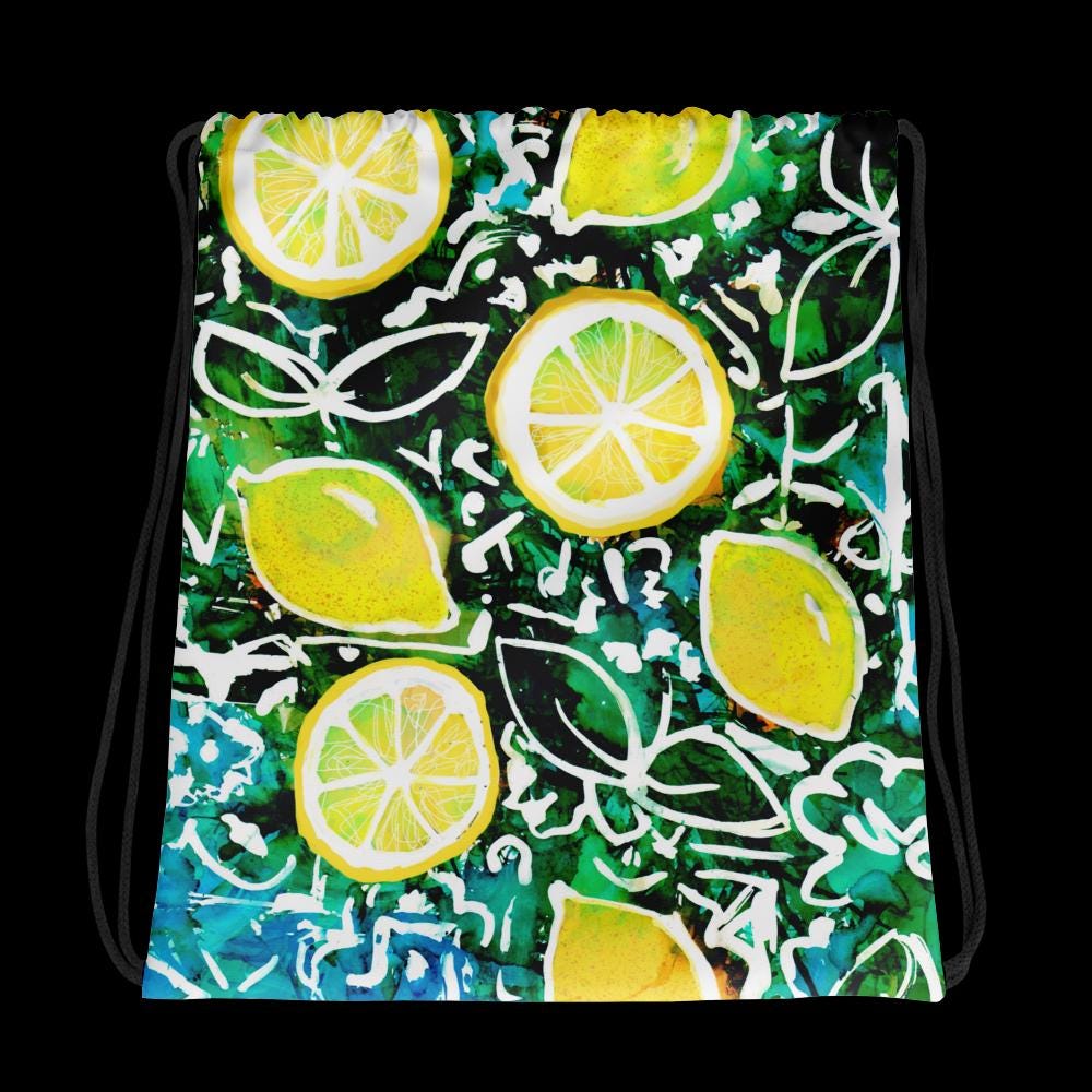Italian Lemon Drawstring Bag – Vibrant Citrus Print Gym Sack – Mediterranean Travel Tote, Lightweight Festival Bag, Summer Gift for Her