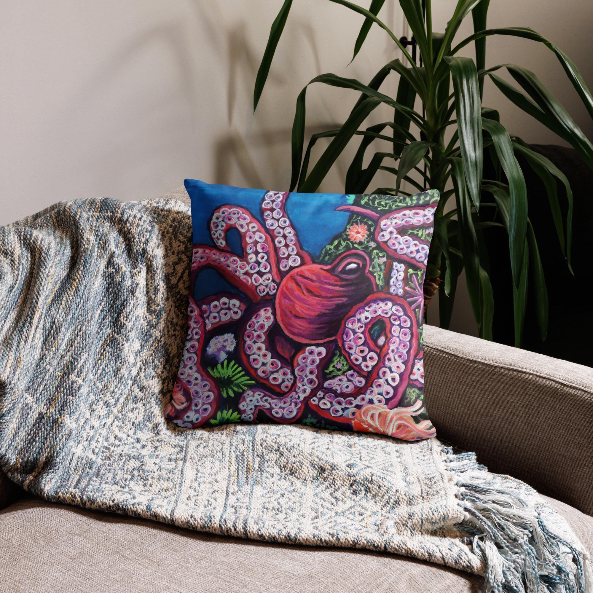 Octopus Basic Pillow. Beach house decor, coastal pillows. Pink Octopus, abstract design. Octopus, sea creature, pillows.