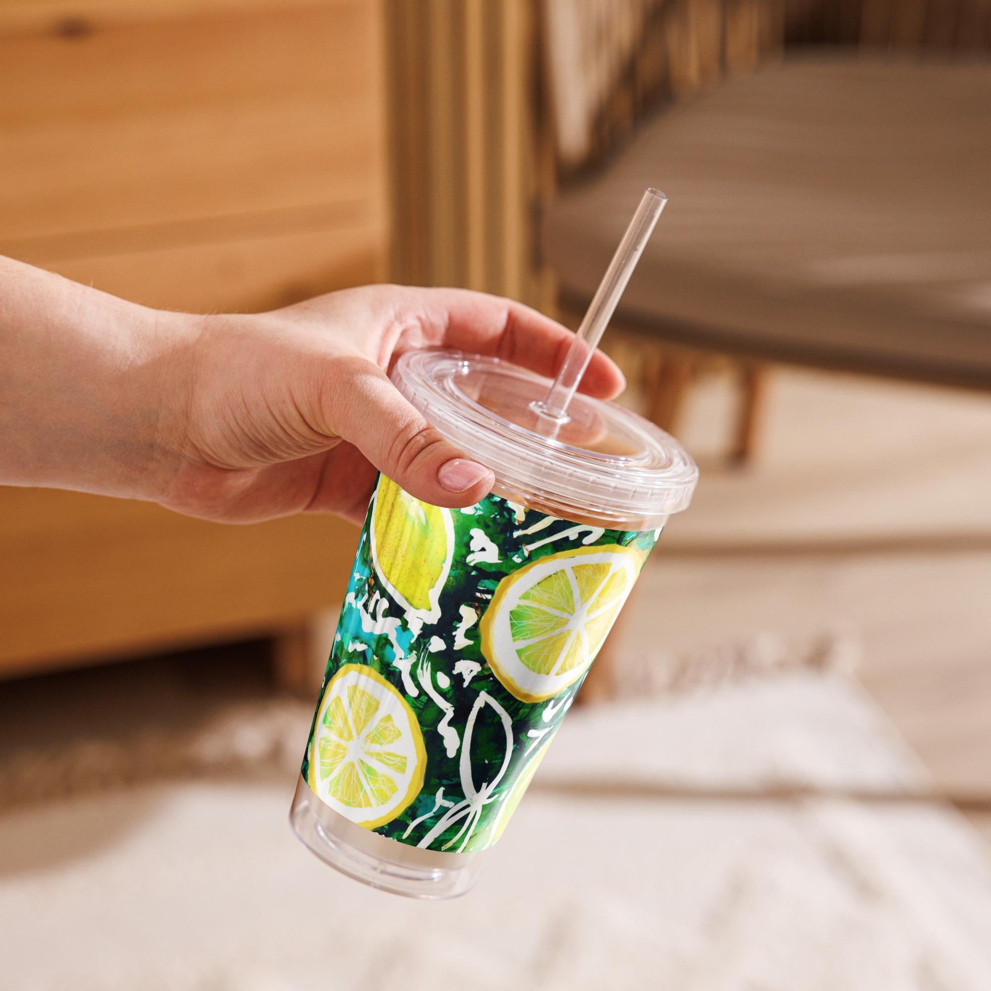 Italian Lemon Tumbler with Lid & Straw – 16 oz Citrus Cup – Mediterranean Fruit Print Drinkware, Summer Gift, Reusable Cold Cup