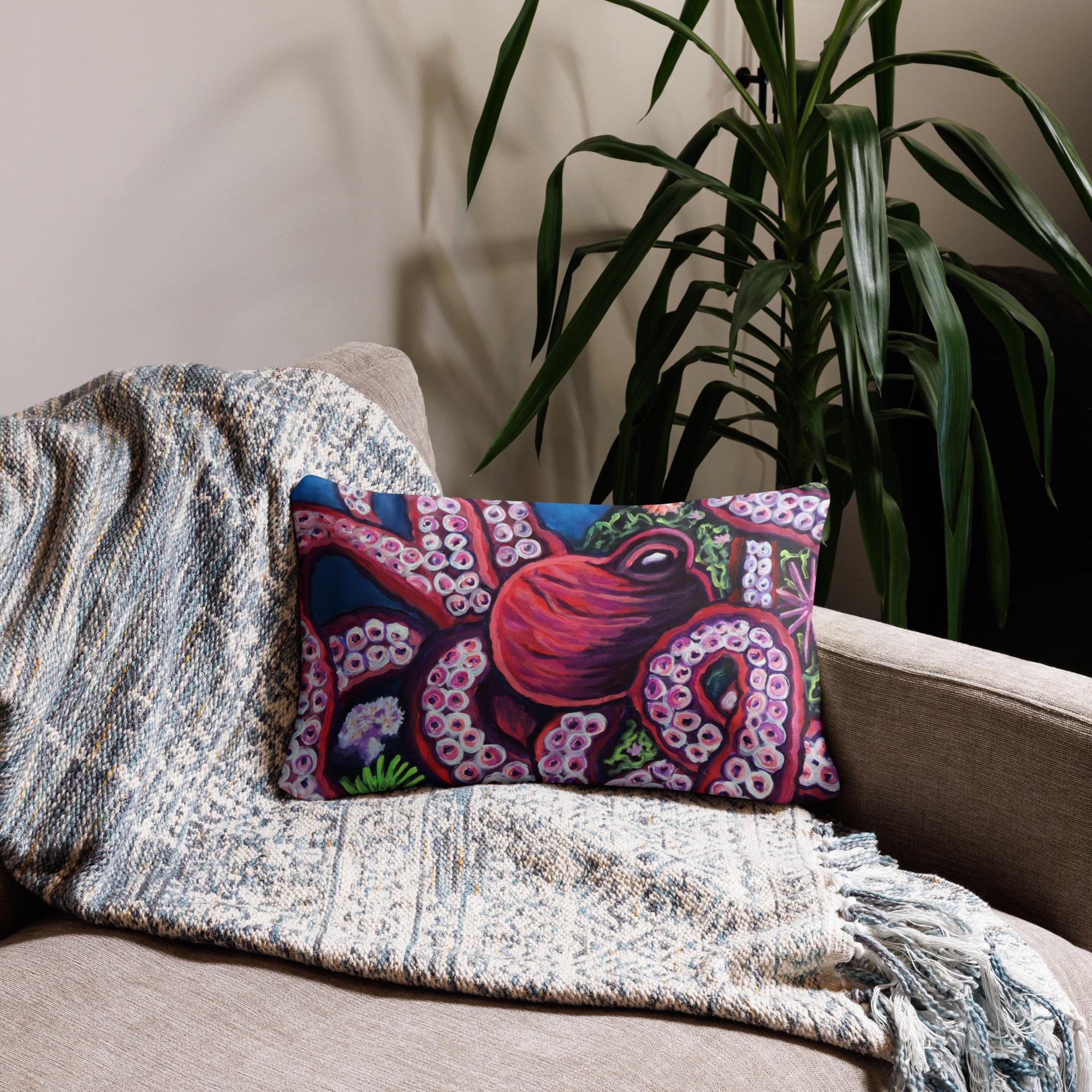 Octopus Basic Pillow. Beach house decor, coastal pillows. Pink Octopus, abstract design. Octopus, sea creature, pillows.