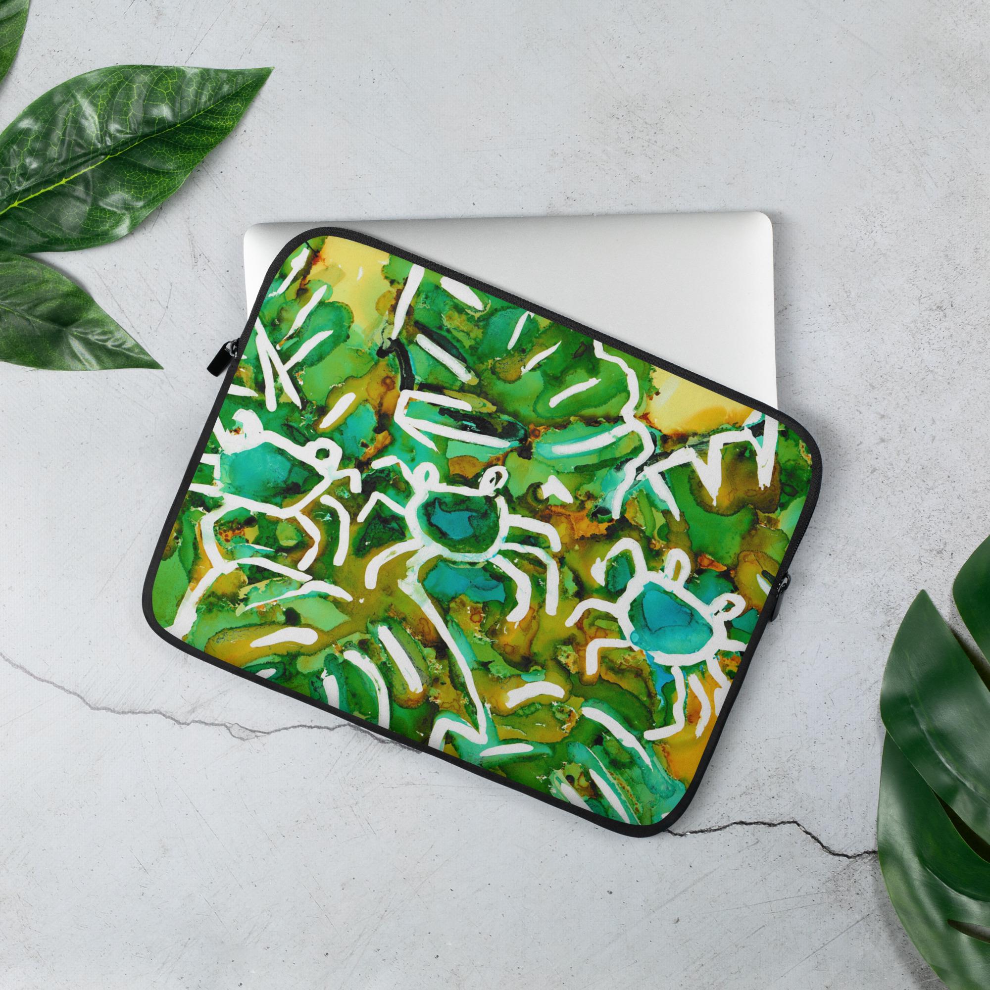 Blue Crabs and Palm Leaves Laptop Sleeve – Coastal Neoprene Case, Faux Fur Lining, Water-Resistant, 13" & 15" Sizes, Beach Lover Gift