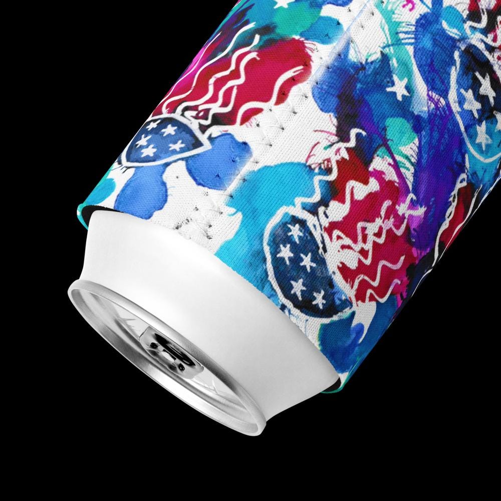 4th of July Can Cooler – Patriotic Red White and Blue Stars – Independence Day Drink Sleeve – Neoprene Koozie for BBQs, Picnics & Summer