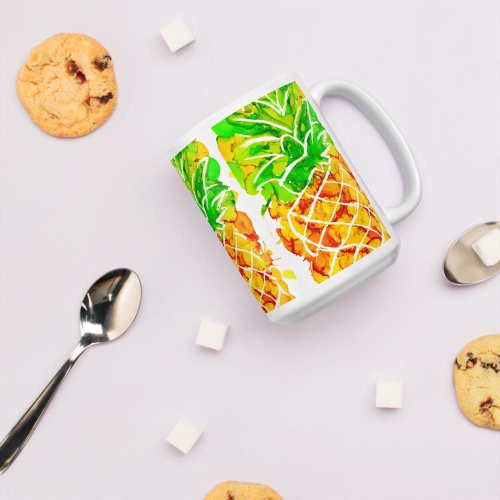 Cute Pineapple Ink Art Mug – White Glossy Ceramic Coffee Cup, Vibrant Fruit Design, Unique Gift for Beach Lovers & Summer Vibes 15 oz