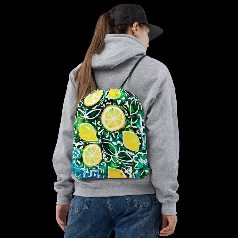 Italian Lemon Drawstring Bag – Vibrant Citrus Print Gym Sack – Mediterranean Travel Tote, Lightweight Festival Bag, Summer Gift for Her