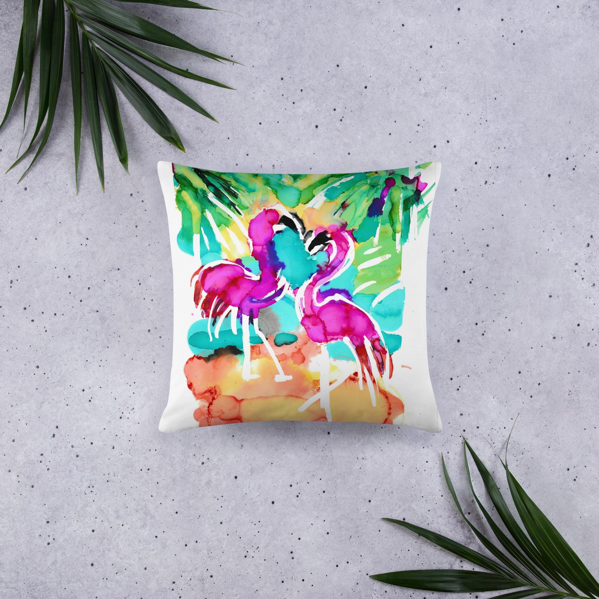 Flamingo Beach Scene Throw Pillow - Tropical Coastal Decor Cushion - Pink Flamingo Accent Pillow for Living Room or Bedroom.