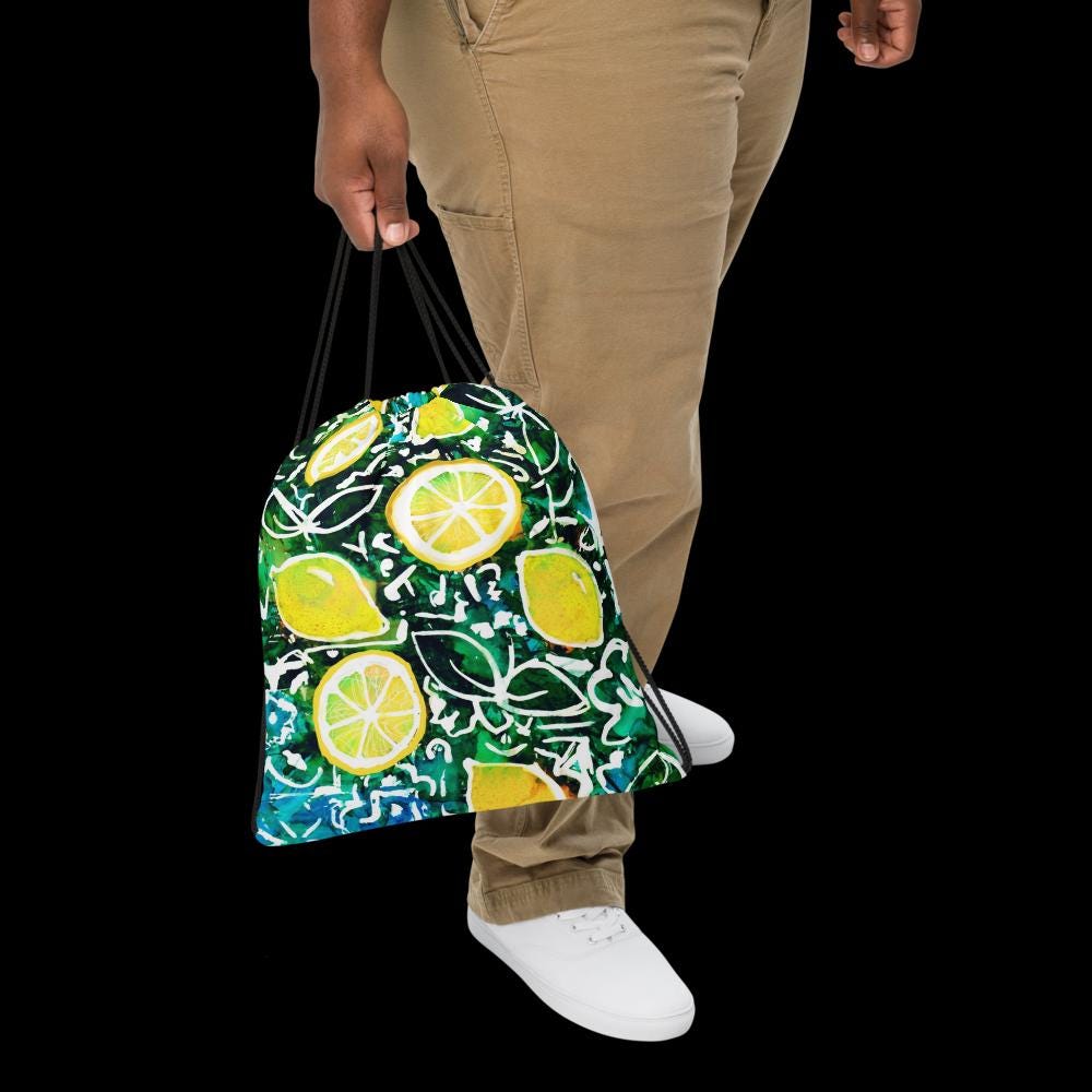 Italian Lemon Drawstring Bag – Vibrant Citrus Print Gym Sack – Mediterranean Travel Tote, Lightweight Festival Bag, Summer Gift for Her