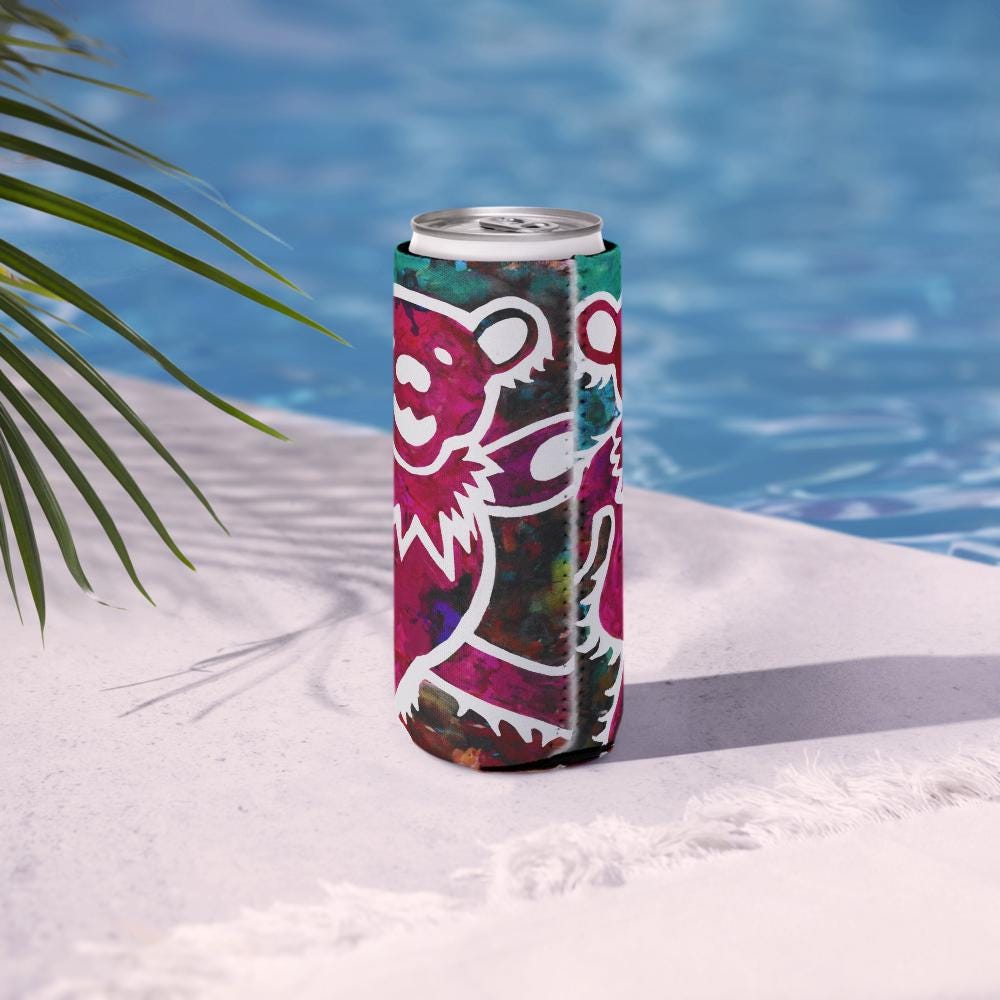 Grateful Dead Dancing Bear Can Cooler – Jerry Garcia Birthday Gift – Retro Music Fan Drink Sleeve – Deadhead Party Favor