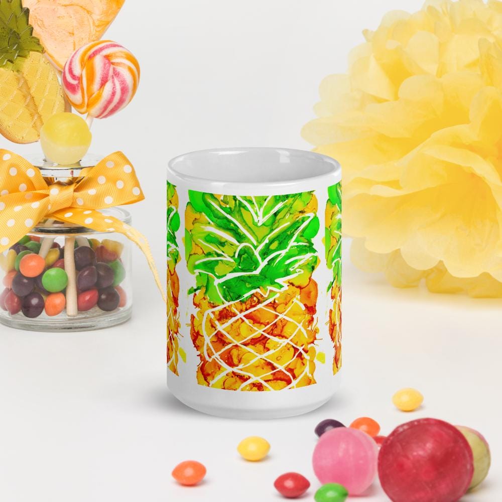 Cute Pineapple Ink Art Mug – White Glossy Ceramic Coffee Cup, Vibrant Fruit Design, Unique Gift for Beach Lovers & Summer Vibes 15 oz