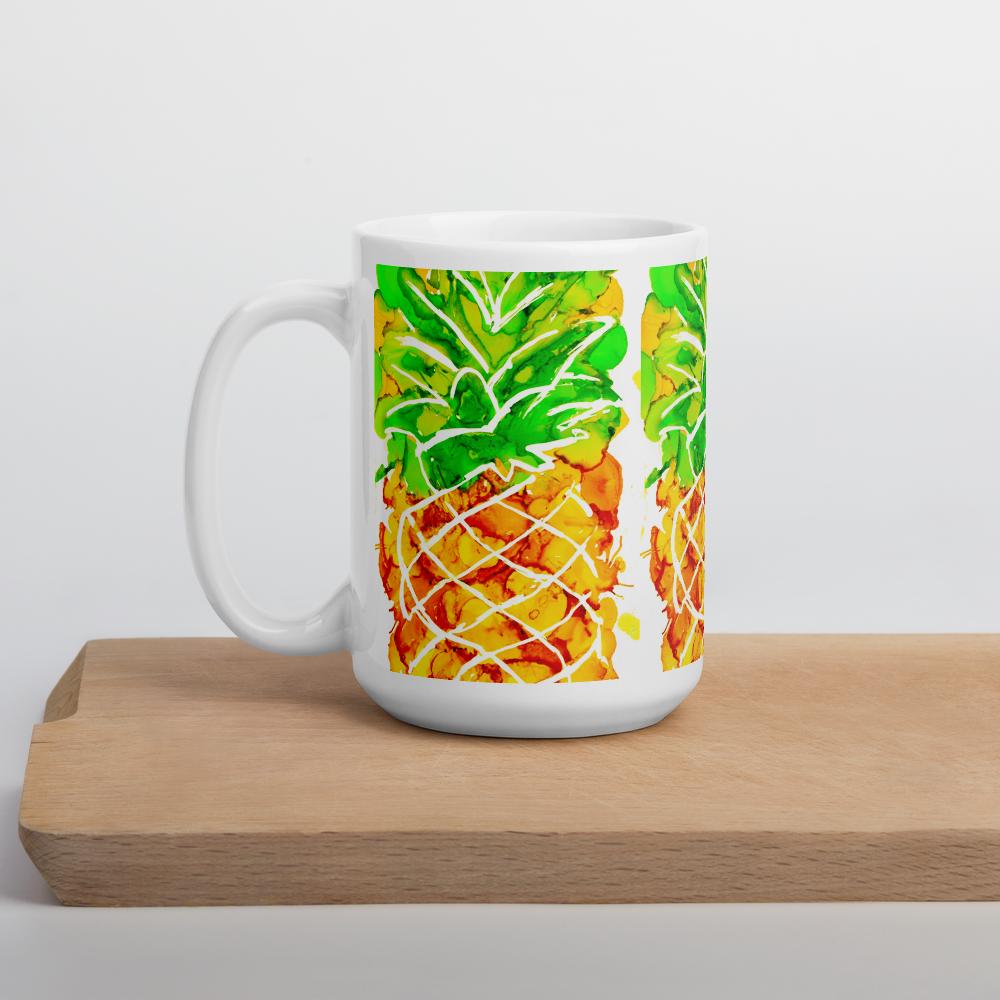 Cute Pineapple Ink Art Mug – White Glossy Ceramic Coffee Cup, Vibrant Fruit Design, Unique Gift for Beach Lovers & Summer Vibes 15 oz
