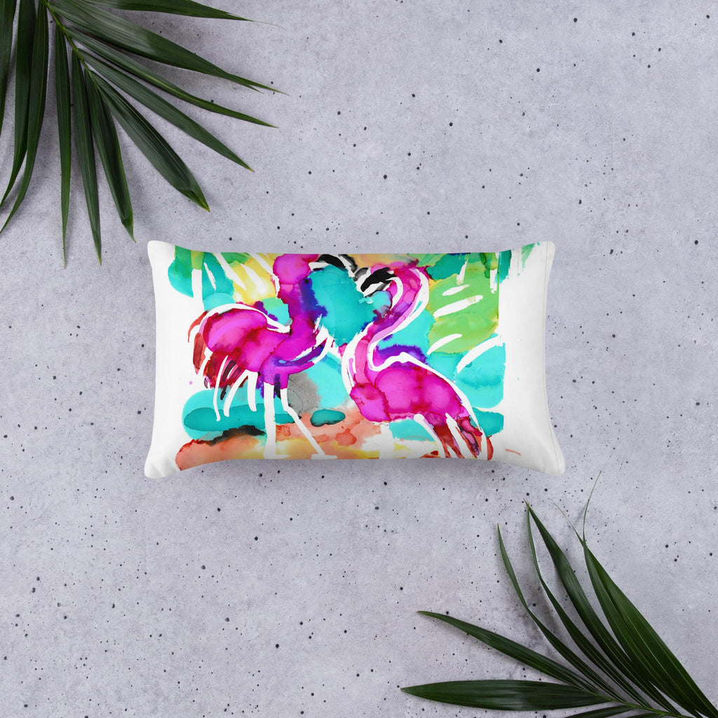 Flamingo Beach Scene Throw Pillow - Tropical Coastal Decor Cushion - Pink Flamingo Accent Pillow for Living Room or Bedroom.