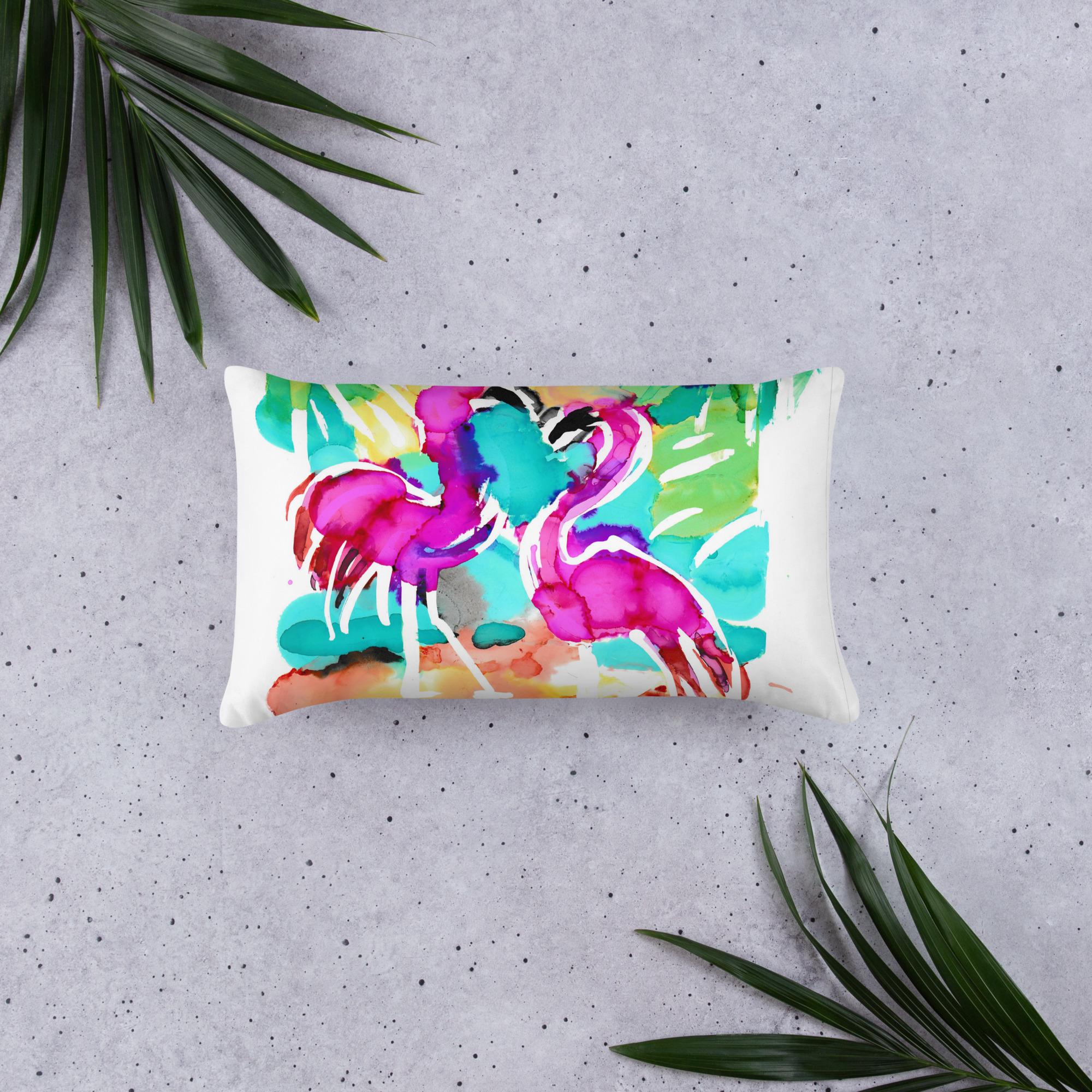 Flamingo Beach Scene Throw Pillow - Tropical Coastal Decor Cushion - Pink Flamingo Accent Pillow for Living Room or Bedroom.