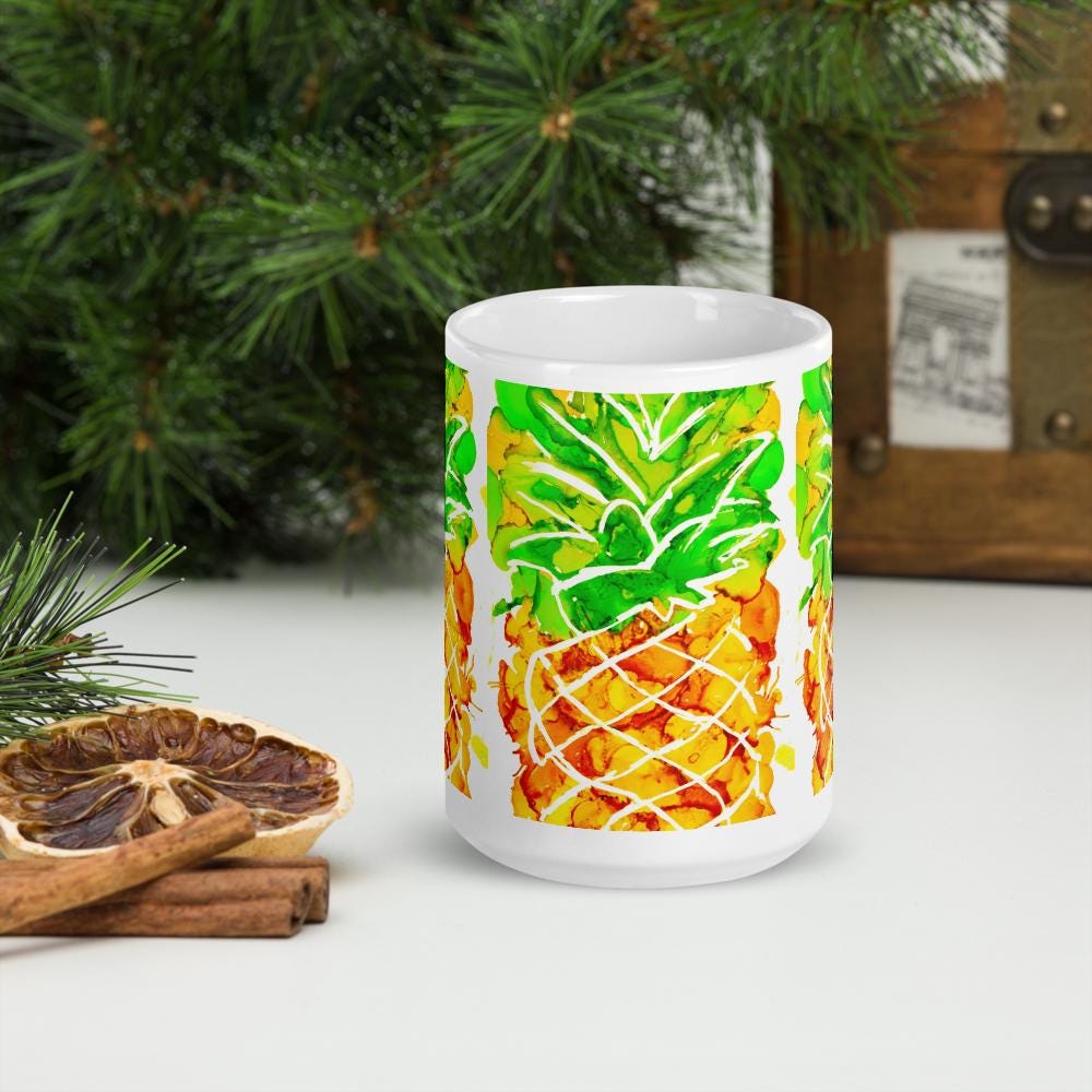 Cute Pineapple Ink Art Mug – White Glossy Ceramic Coffee Cup, Vibrant Fruit Design, Unique Gift for Beach Lovers & Summer Vibes 15 oz