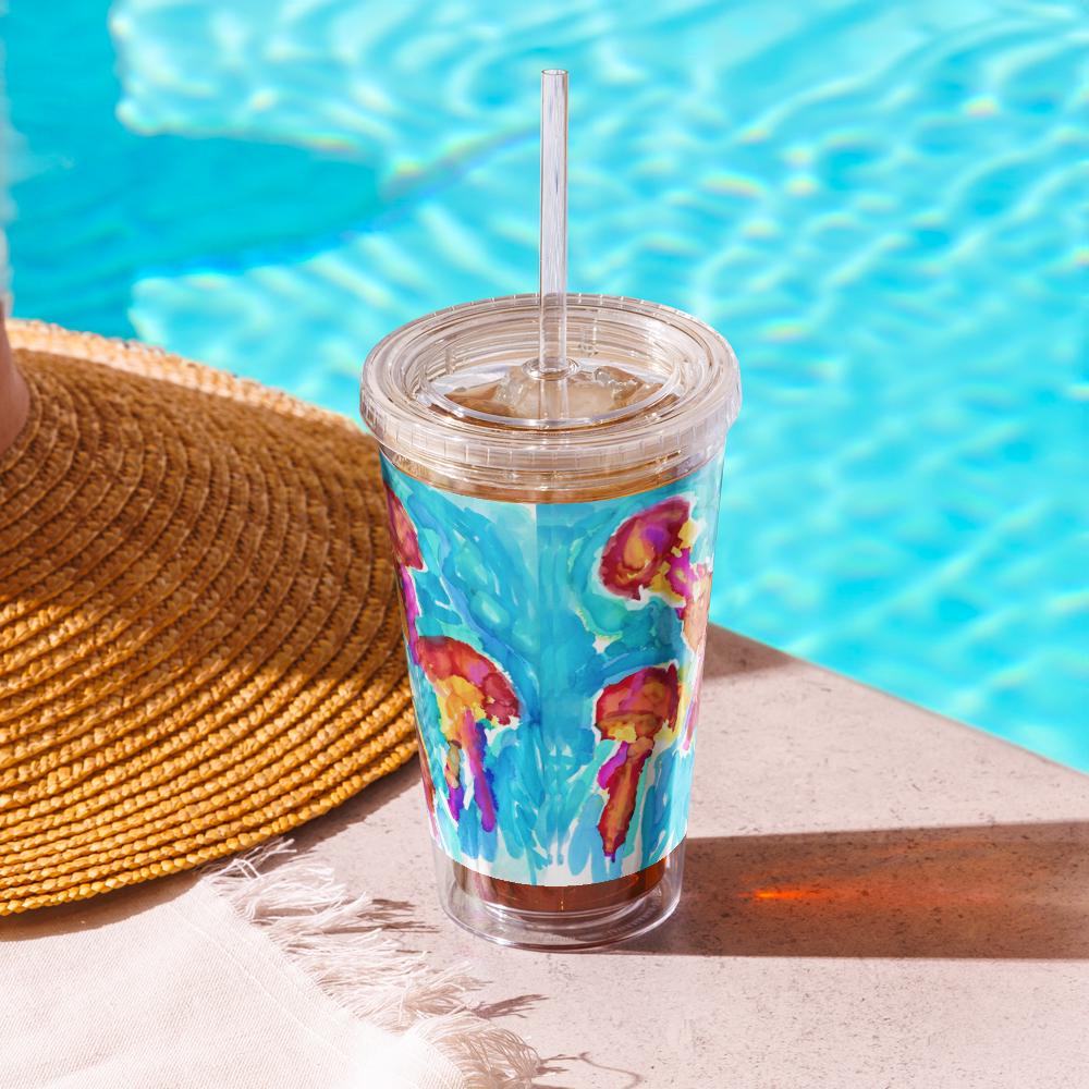 Iridescent Jellyfish Confetti Tumbler – 16oz Clear Acrylic Cup – Ocean Theme Drinkware – Beach Party Gift – Under the Sea Decor