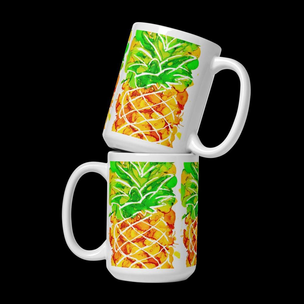 Cute Pineapple Ink Art Mug – White Glossy Ceramic Coffee Cup, Vibrant Fruit Design, Unique Gift for Beach Lovers & Summer Vibes 15 oz
