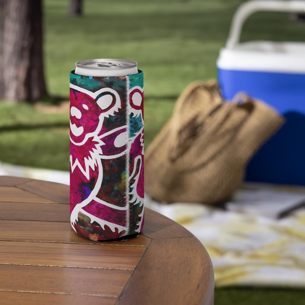 Grateful Dead Dancing Bear Can Cooler – Jerry Garcia Birthday Gift – Retro Music Fan Drink Sleeve – Deadhead Party Favor