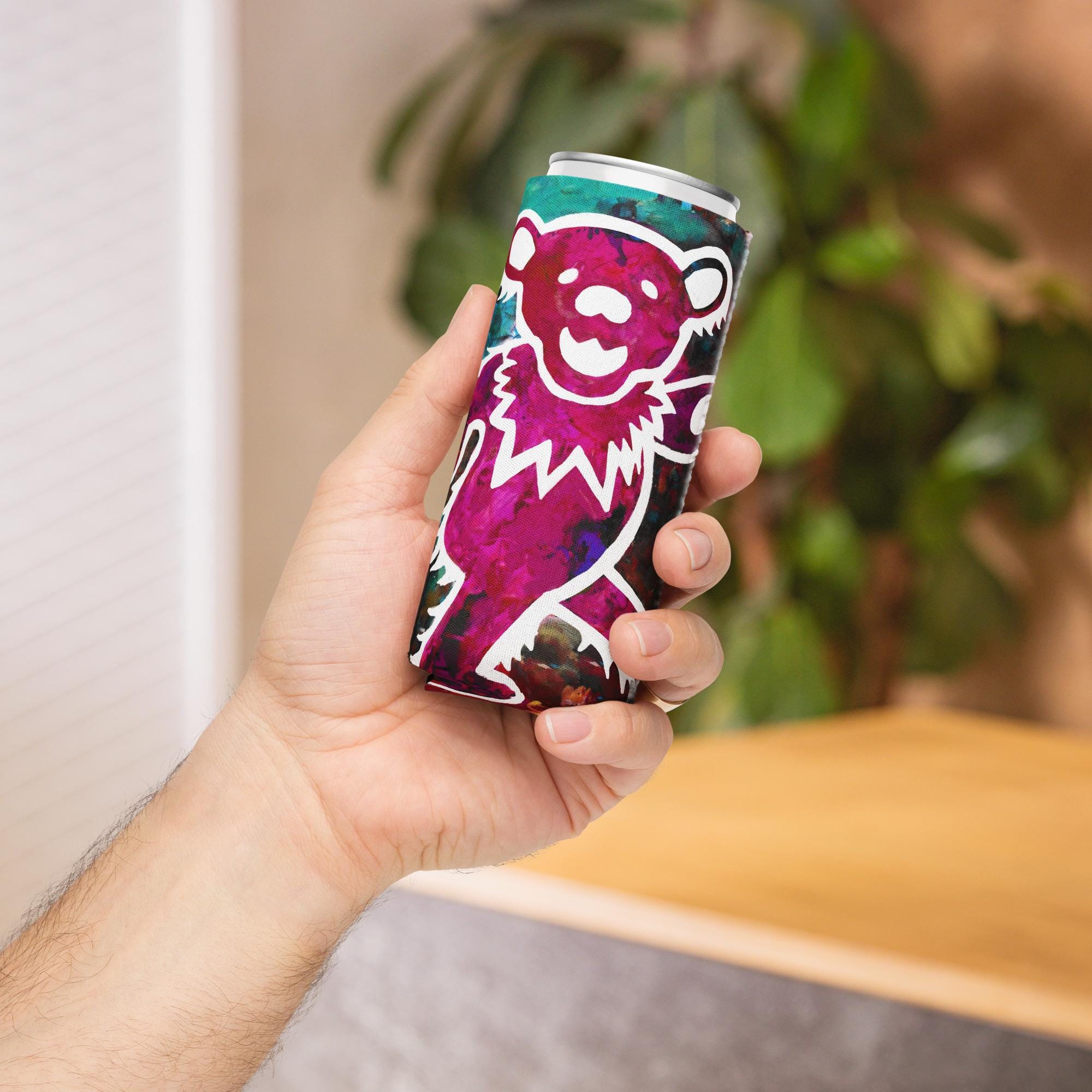 Grateful Dead Dancing Bear Can Cooler – Jerry Garcia Birthday Gift – Retro Music Fan Drink Sleeve – Deadhead Party Favor